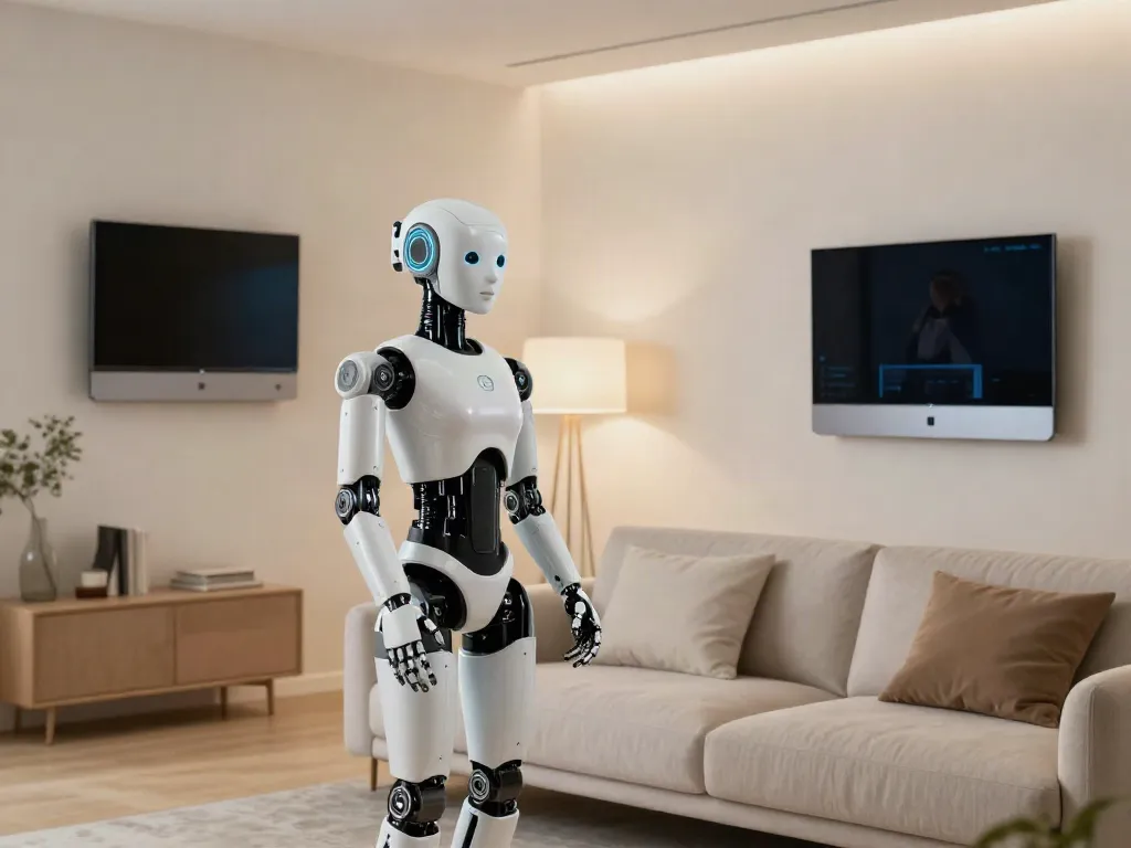 Advanced sex bot in a modern living space, interacting with a user.