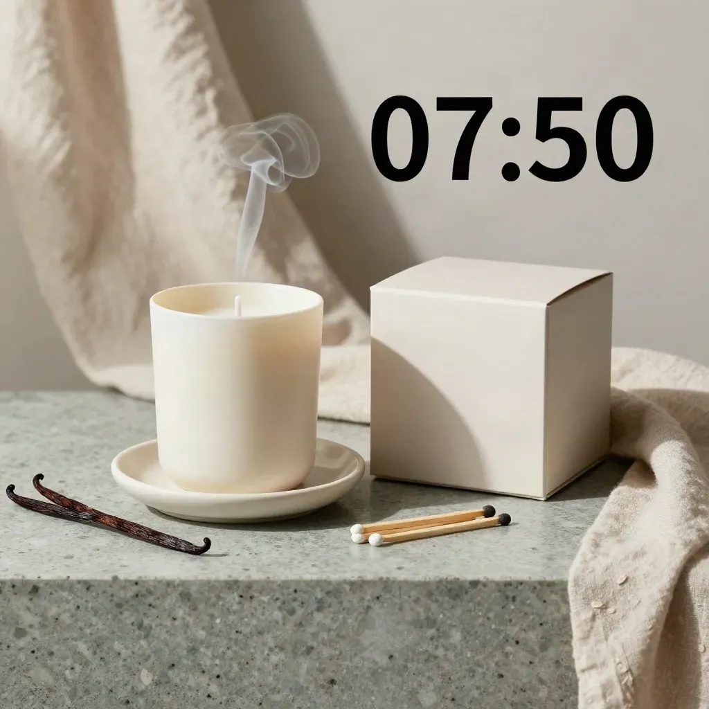 Bougie en céramique ivoire avec boîte cadeau, allumettes et vanille sur lin.