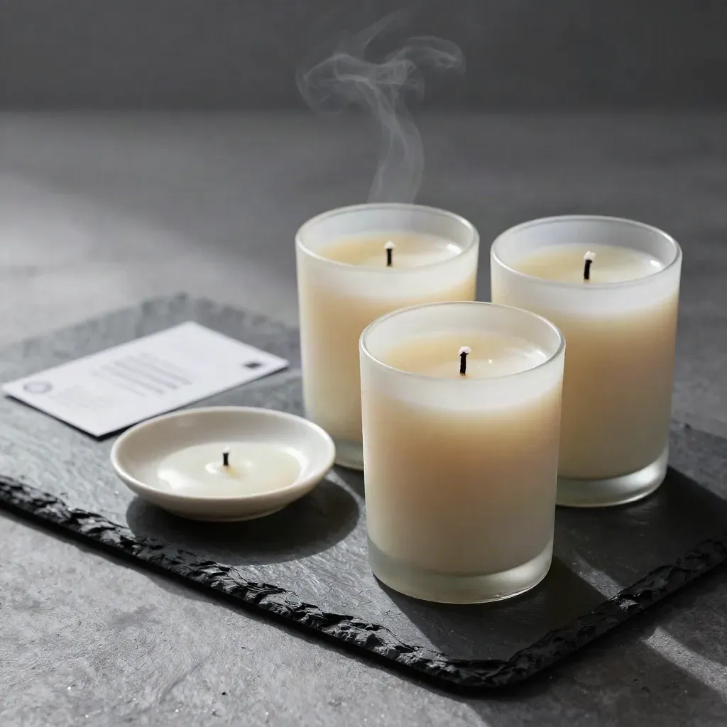 Trois bougies crème et sauge sur dalle sombre mouillée, vapeur légère et ombre longue.