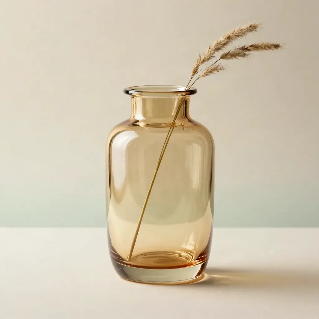 Vase en verre ambre avec deux graminées sèches, sur fond crème lumineux.