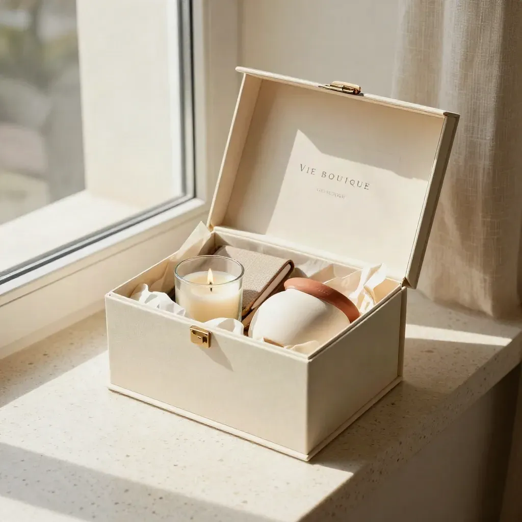 Coffret cadeau crème ouvert avec bougie, carnet textile et objet déco en céramique sur travertin.