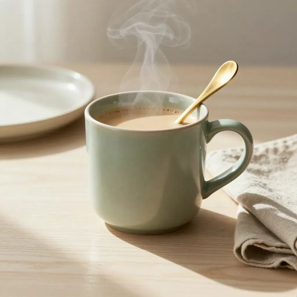 Tasse en grès sauge avec café crème, cuillère en laiton et serviette en lin sur bois clair.