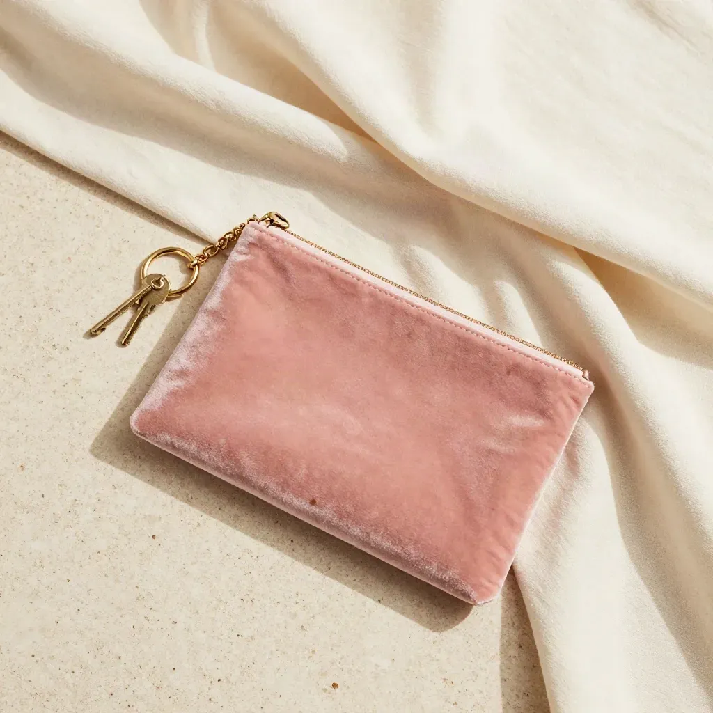 Pochette en velours rose poudré en diagonale sur drapé crème, clé et chaînette dorée.