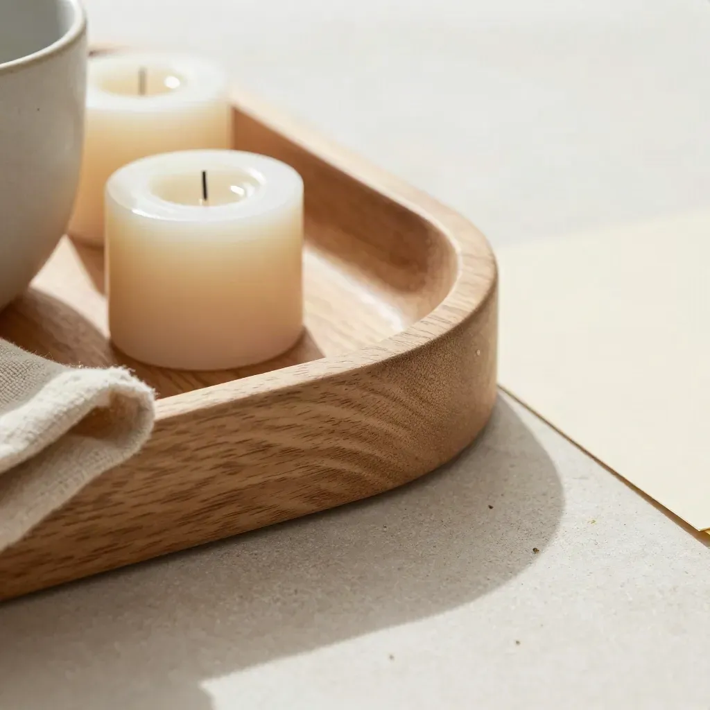 Plateau en bois clair, bougies crème, tasse en grès et linge sur plan de travail en pierre.