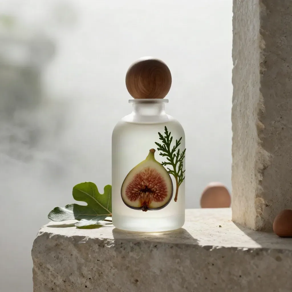 Diffuseur en verre dépoli avec bouchon bois, feuille de figuier et rameau de cèdre