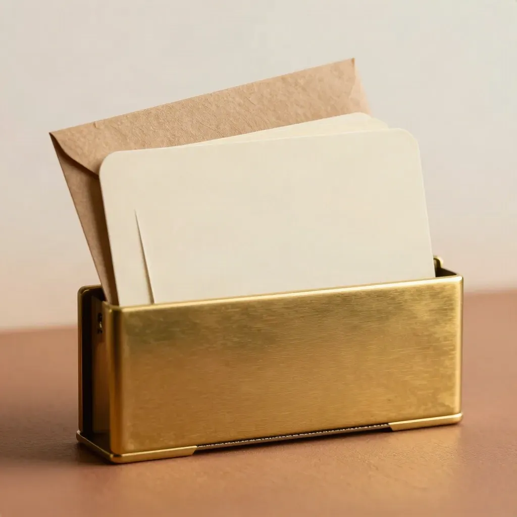 Macro d’un porte-cartes en laiton doré avec cartes crème et enveloppe kraft.