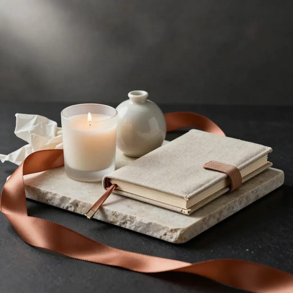 Trio cadeau avec bougie, carnet et objet en céramique sur plateau de pierre, ruban terracotta.