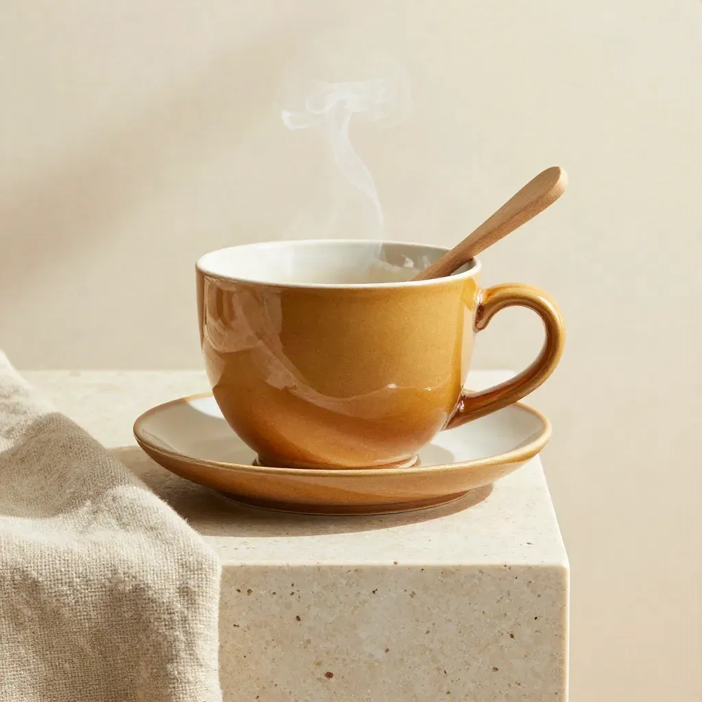Mug en grès miel avec cuillère en bois clair et soucoupe, vapeur douce sur fond crème.