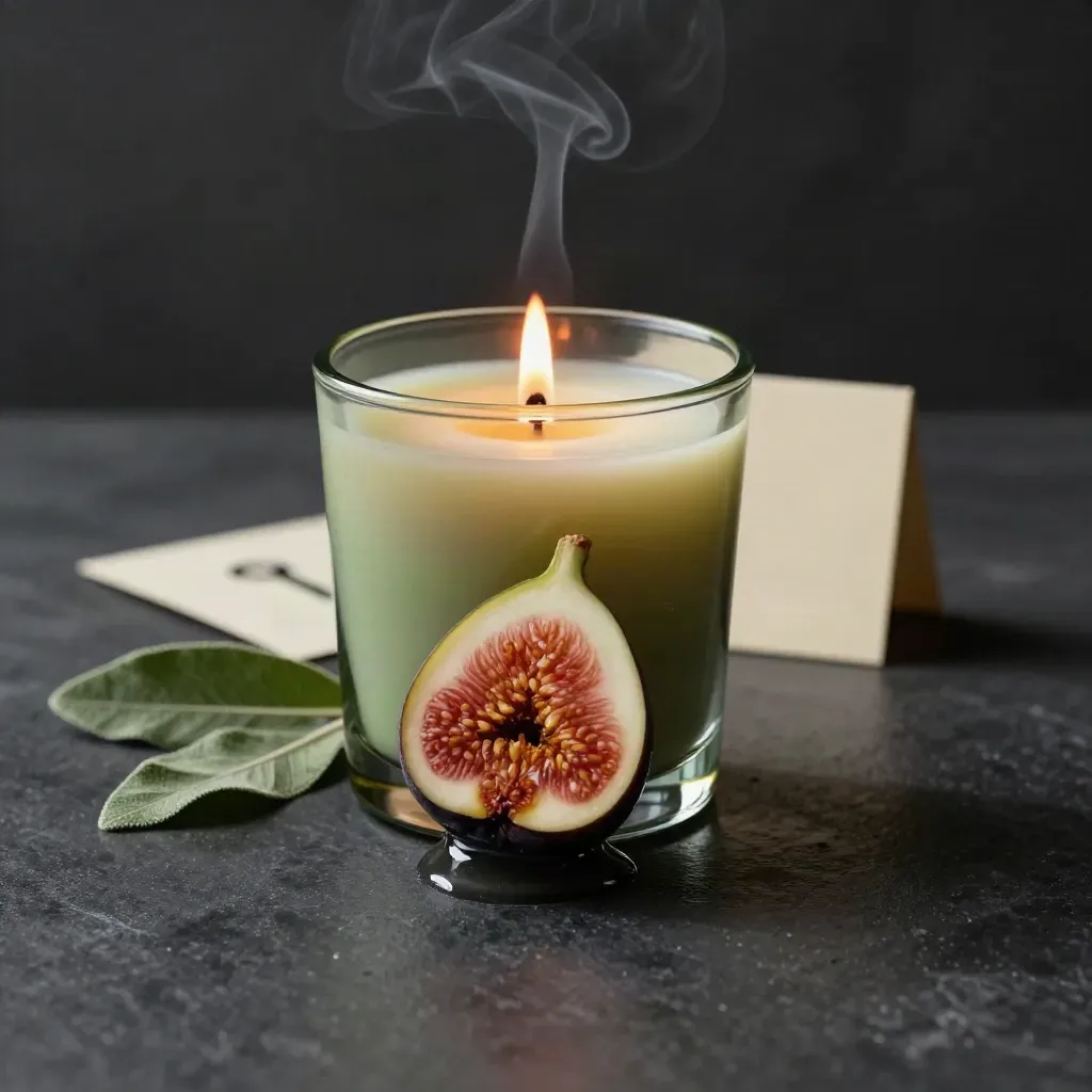 Bougie en verre ambré à la figue verte, flamme basse, feuille de sauge et ombre longue sur pierre.