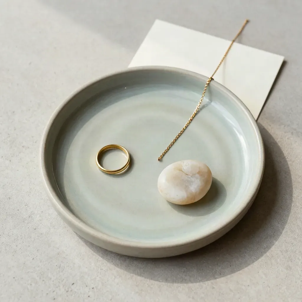 Plateau céramique vert avec bague, chaîne fine et galet clair, vue du dessus.