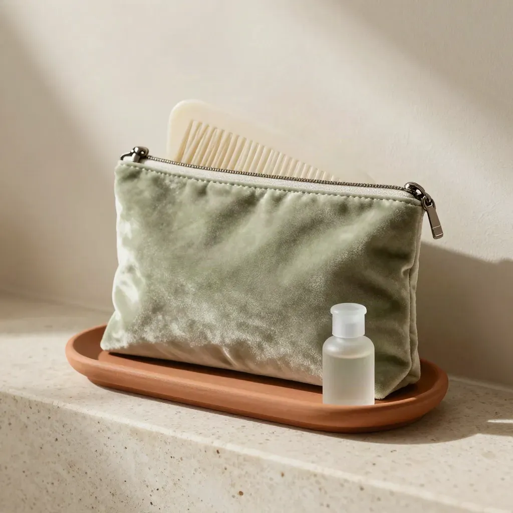 Trousse en velours sauge entrouverte avec peigne et flacon dépoli sur travertin.