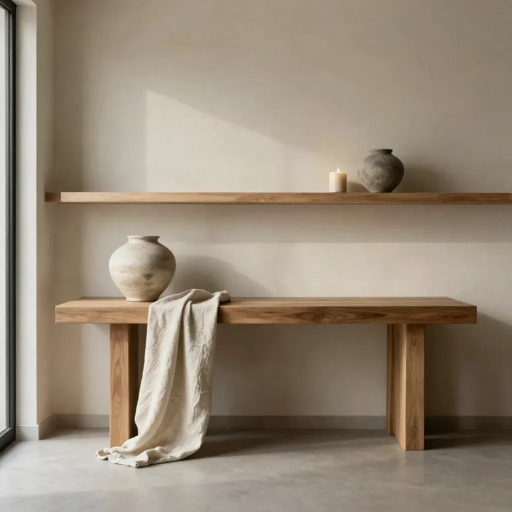 Coin salon crème avec console en bois clair, vase sculptural et drapé de lin, lumière douce.