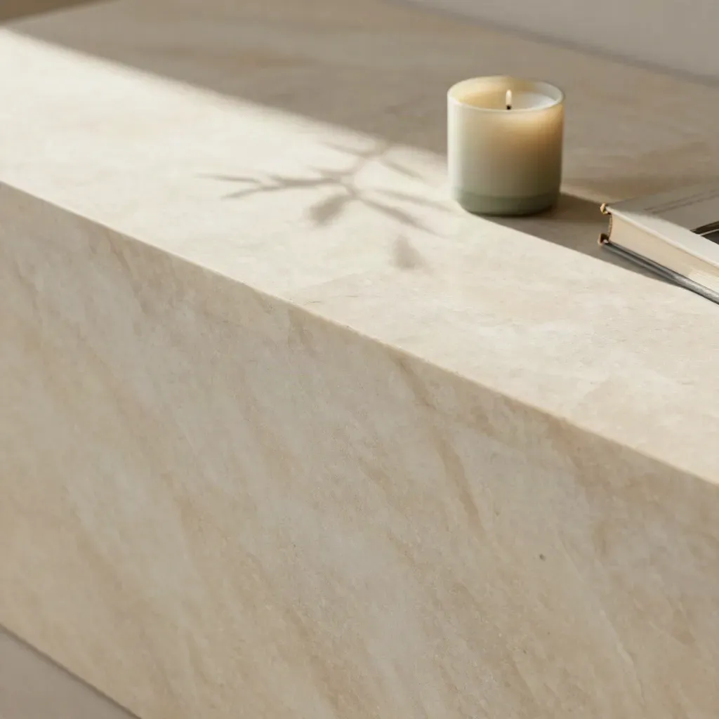 Dalle de marbre chaud, ombres de branches, bougie crème et livre fermé flou en haut du cadre.