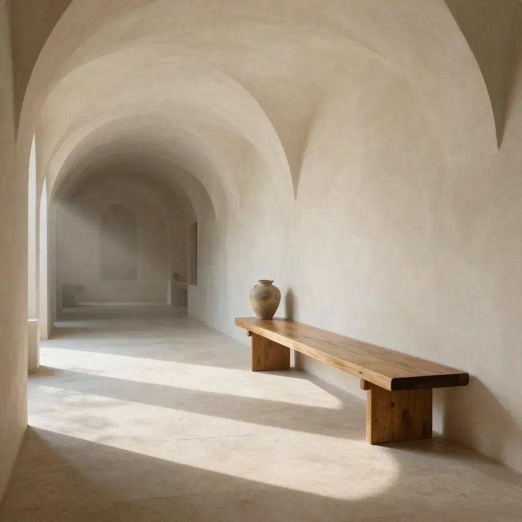 Passage voûté crème avec banc en chêne et ombres longues sur sol calme.