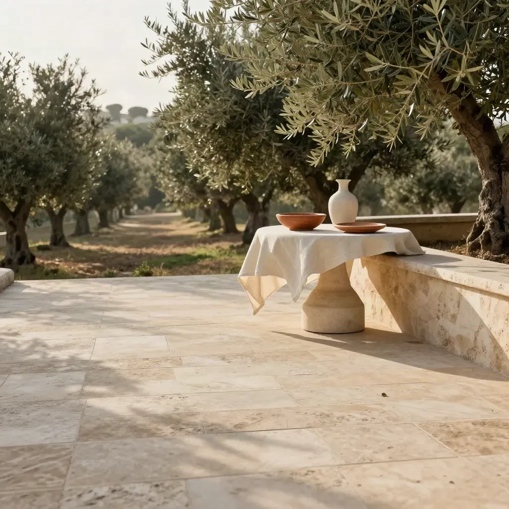 Terrasse en pierre au bord d’une oliveraie, nappe de lin et vaisselle en terre cuite au vent doux.